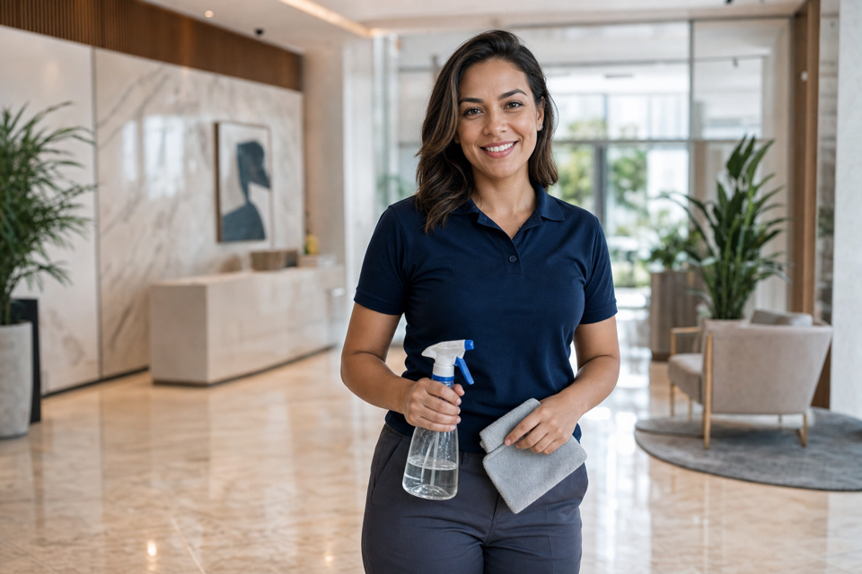 Profissional de limpeza uniformizada, sorriso acolhedor, mesmo clima premium dos demais serviços