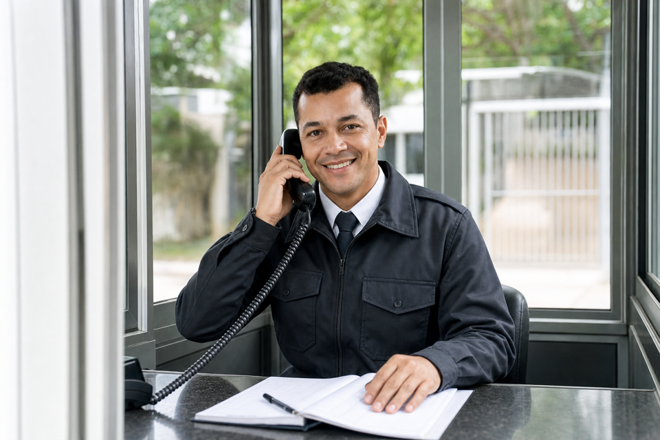 Controlador de acesso na guarita, ao telefone, sorrindo e olhando para a câmera